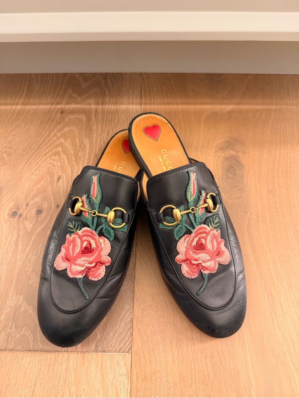 Gucci Princetown Black Leather Mules with Pink Rose Embroidery
